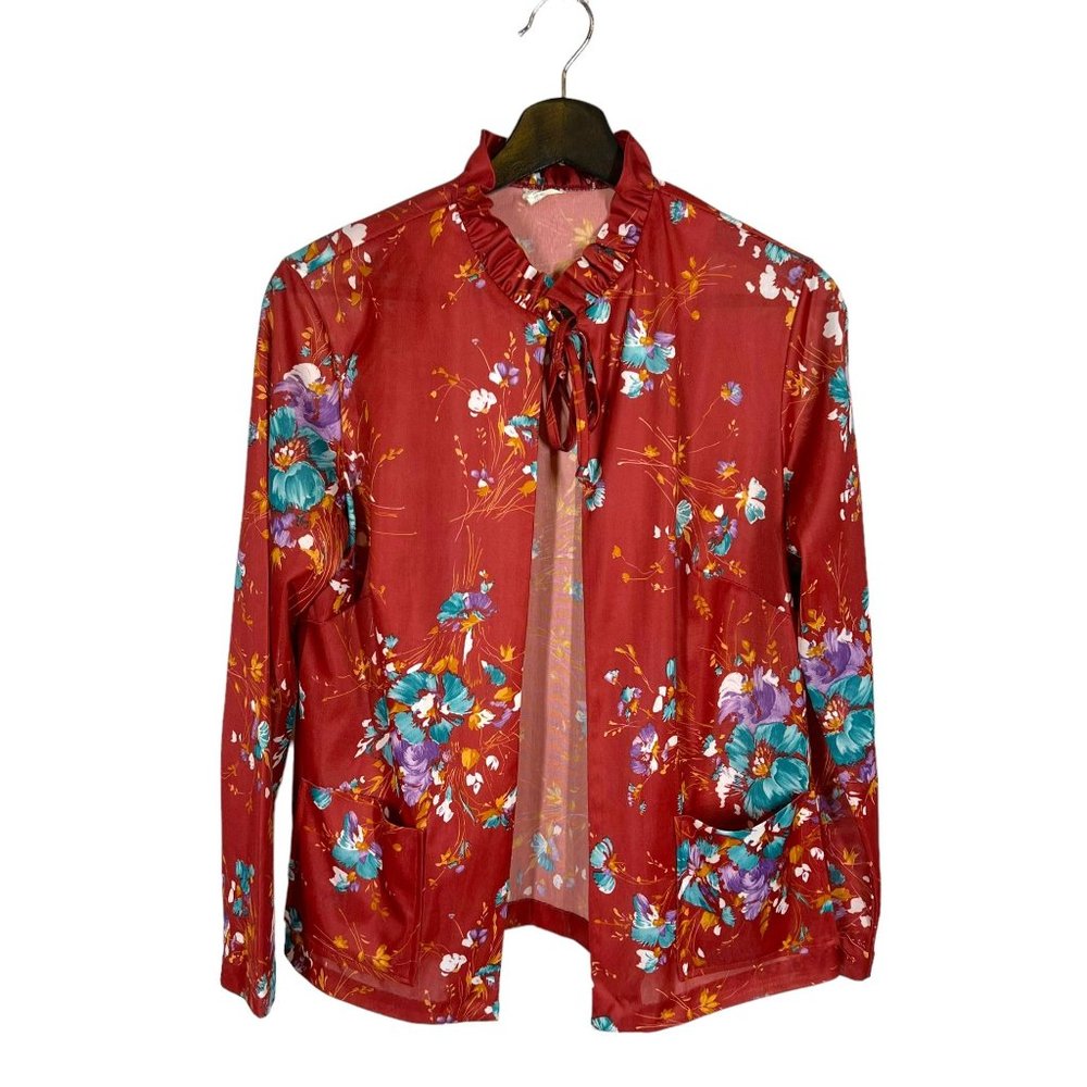 Vintage 60s Red Floral Print Open Tie Front Long Sleeve Cardigan